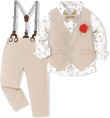 WESIDOM Toddler Boy Clothes Suit Formal Dress Shirt+Bowtie+Vest+Boutonniere+Suspender Pants Boys Gentleman Outfits Set