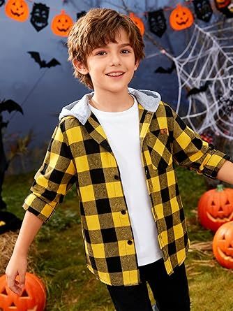 SWISSWELL Boys Long Sleeve Button-up Shirt with Hood Unisex Kids Cotton Plaid Hoodie Flannel Fall Shirts for 6-15 Years