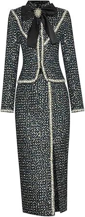 Women's Tweed 2 Set Stand Up Collar Bow Slim Top Jacket Split Skirts Sets