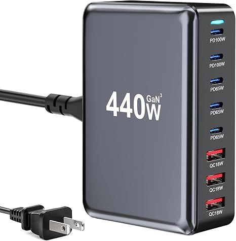 440W USB C Fast Charger Block, Multi-port USB Charging Station, GaN Ⅲ Double 100W PD PPS Port Fast Charging Station for Multiple Devices,Laptop Wall Charger Compatible with MacBook, iPhone 17,iPad etc