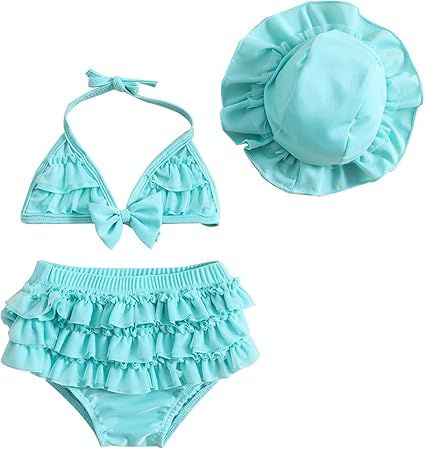Yccutest Infant Baby Girl Flower Swimsuit 3Pcs Halter Triangle Tops Ruffle Bottoms Sun Hat Bikini Set Bathing Suit Swimwear