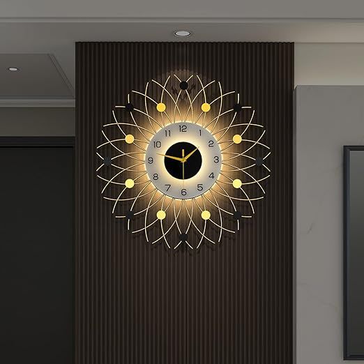 Large Luxury Wall Clcok for Living Room Decor 24 Inch Big Gold Starburst Decorative Wall Clock with Light Battery Operated Non Ticking Silent Modern Luminous Clock for Kitchen Office Home