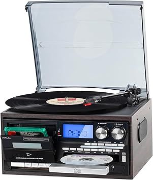 9-in-1 Retro Bluetooth Turntable Record Player with Built-in Speakers, AM/FM Radio, CD & Cassette, USB/SD Media Player, Remote Control, Aux Input, RCA Output & Headphone Jack