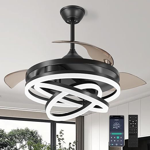 Retractable Ceiling Fan, 42 Inch Chandelier Ceiling Fans with Light, Modern Fandelier Ceiling Fan for Bedroom Living Room Dinning Room, Reverse Motor, 3 Color Temperature, 6 Wind Speed-Black