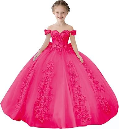 Lace Beaded Flower Girl Dresses for Wedding Off Shoulder Gilrs Pageant Dress Tulle Toddler Ball Gowns with Big Bow