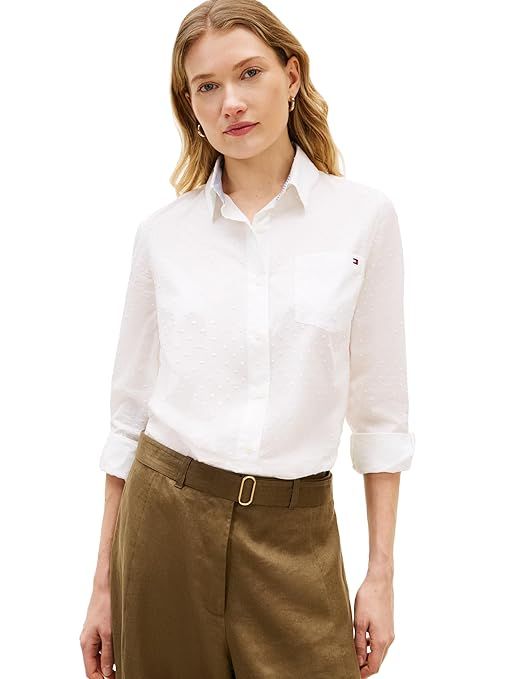 Tommy Hilfiger Womens Cotton Poplin Long Sleeve Button Down Shirt in Regular Fit with Roll Up Sleeve