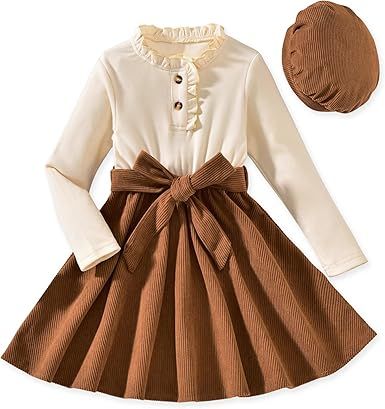HINTINA Toddler Girls Dresses Long Sleeve Rib Knit Patchwork Belted Dress with Hat