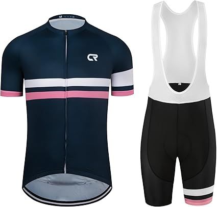 CR Men's Cycling Jersey Set Road Bike Jersey Zipper Pocket Short Sleeves Cycling Kits Bib Shorts 3D Padded