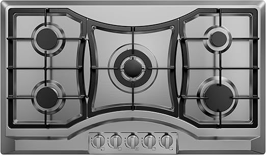 36 inch Drop-in Gas Cooktop with 5 Sealed Burners, Stainless Steel Gas Stovetop, Dishwasher Safe Cast Iron Grates, NG/LPG Convertible, 38K BTU