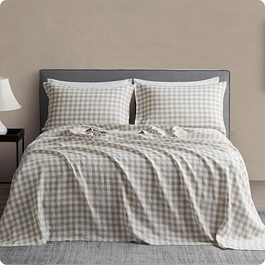 DAPU Linen Sheets Set Full, Gingham Check Plaid 100% Washed Linen Bedding with Envelope Closure, 4 PCs Hypoallergenic Soft Linen Sheets Set, Geometric Checkered Pattern in Beige & White, Full Size