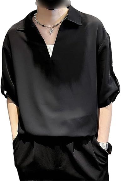 Black V-Neck Shirt Men's Short Sleeved T-Shirt Casual Top