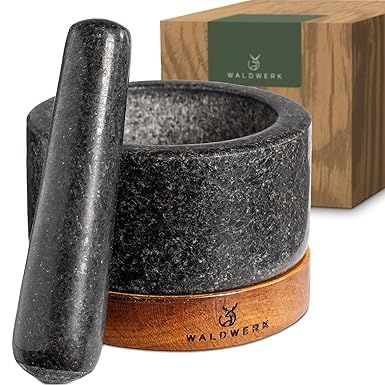 WALDWERK Mortar and Pestle - Mortar and Pestle Set with Anti-Scratch Acacia Wood Base - Mortar with Extra Large Pestle Out of Natural Granite - Large Mortar and Pestle - Perfect for Guacamole