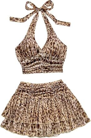 SOLY HUX Women's 2 Piece Beach Vacation Outfits Summer Ruched Halter Crop Top and Ruffle Mini Skirt Set