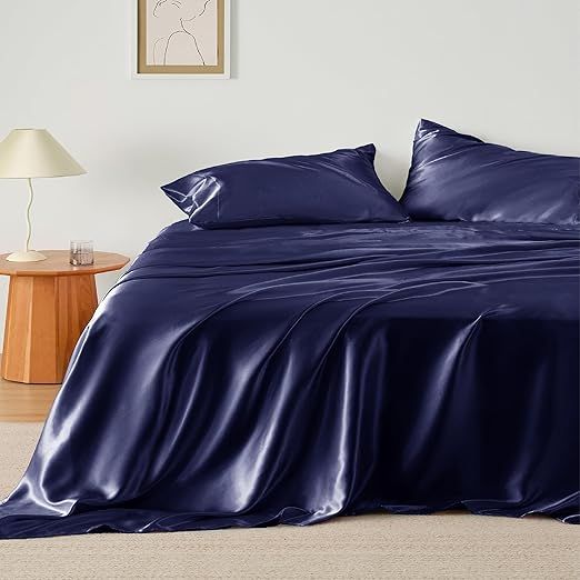 100% Mulberry Silk Sheet Set - 22 Momme Grade 6A, 16-18 Inch Deep Pocket, Indulgent Sheets for Dreamlike Comfort, Full XL-Navy Blue