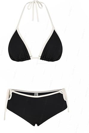 seamoly Women’s Crystal Cream Bikini Set, Halter Triangle Top with Contrast Trim Cutout and Tie Side Boyshort Bottom