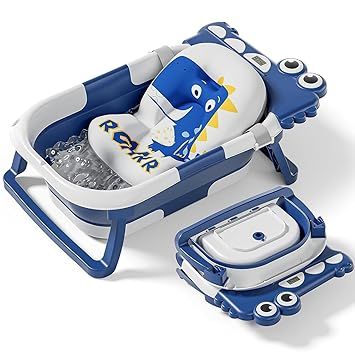 Collapsible Baby Bathtub for Newborn, Foldable Baby Bath Tub with Thermometer & Soft Floating Cushion & Drain Hole, Portable Travel Infant Bath Tubs for Newborns to Toddlers 0-36 Months Boy,NavyBlue
