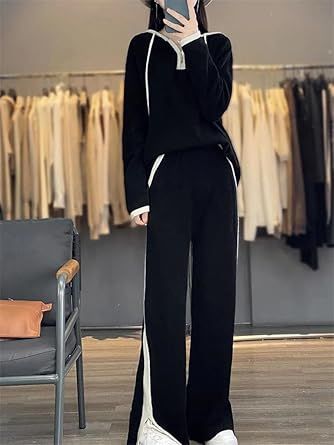 Women's 100 Percent Wool Knit Suit Hooded Pullover Sweater And Wide Leg Pants 2 Piece Loose Sets