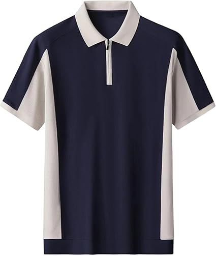 Men's Short Sleeve Turn-Down Collar Shirt Casual Patchwork Loose Top Zipper Fashion Basic Tees Daily Wear Clothing