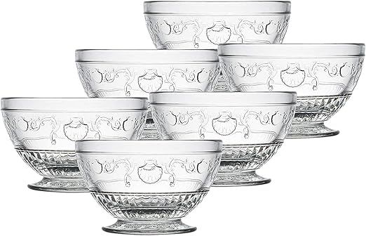 La Rochere Versailles Glass Bowl Set of 6 – Classic French Clear Glass Dessert Bowls with Shell & Flower Motif – Elegant and Versatile Footed Small Bowls for Dips, Snacks & Entertaining (9 Oz)