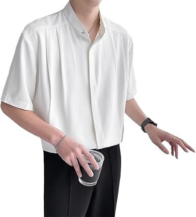 Chinese Standing Collar Men's Shirt Short Sleeved Clothing 7/4 Medium Collarless