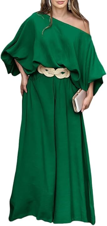 CHICME Women Summer 2 Piece Outfits Off Shoulder Lantern Sleeve Top Flowy Wide Leg Pants Set