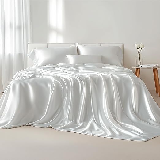 100% Mulberry Silk Sheet Set - 22 Momme Grade 6A, 16-18 Inch Deep Pocket, Indulgent Sheets for Dreamlike Comfort, Full XL-Off White
