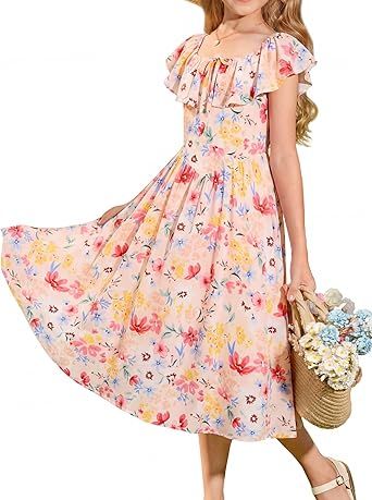 GRACE KARIN Girls Floral Dress Summer Midi Dress Off Shoulder Ruffle Spring Long Dresses