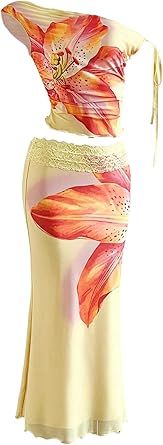 SOLY HUX Women's 2 Piece Outfit Floral Mesh Ruched One Shoulder Crop Tank Top and Bodycon Maxi Skirt Set