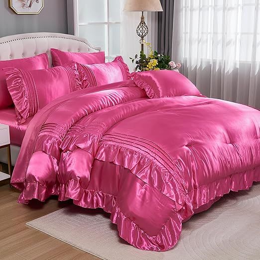 Satin Comforter Set 8 Pieces Queen Comforter with Sheets Hot Pink Satin Bed Set Luxury Bedding Bed in a Bag 1 Comforter 4 Pillowcasas 1 Flat Sheet 1 Fitted Sheet 1 Cushion Cover