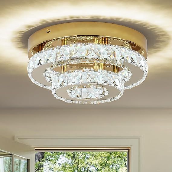 Gold Crystal Chandelier Flush Mount Ceiling Light, 9.8" Surface Mount LED Fixture with Built-in Light, Mini Bedroom Light 6000K