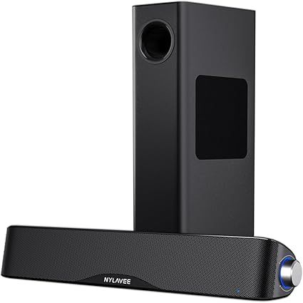 Nylavee Computer Speakers with Subwoofer, 2.1 PC Speakers System with Bluetooth 5.4 & 3.5mm Aux-in, 60W Peak Power, AC Adapter Powered Computer Sound Bar for Desktop PC, Laptop, Monitor, Gaming