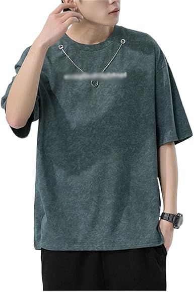 Green Japanese Short Sleeved T-Shirt, Men's Loose Fitting Letters, Washed Old Round Neck, Half Shirt