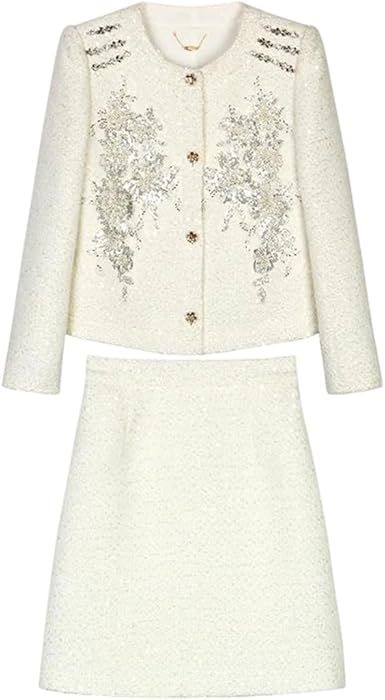Women's Socialite Light Luxury Full Opening Solid Beaded Jacket Elegant Skirt Set