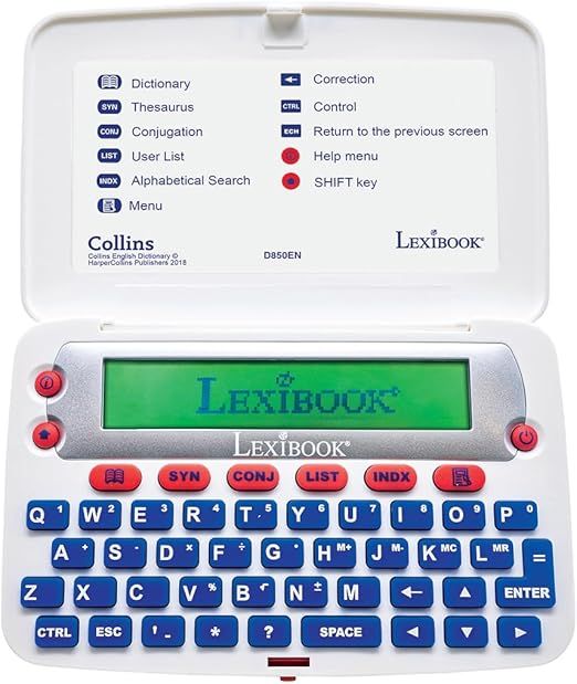 LEXiBOOK - The Collins English Dictionary, 13th Edition - Electronic Dictionary, Definitions, Thesaurus, Conjugation, Phonetic Spellchecker, Crossword Solver, with Battery, Blue/White, D850EN