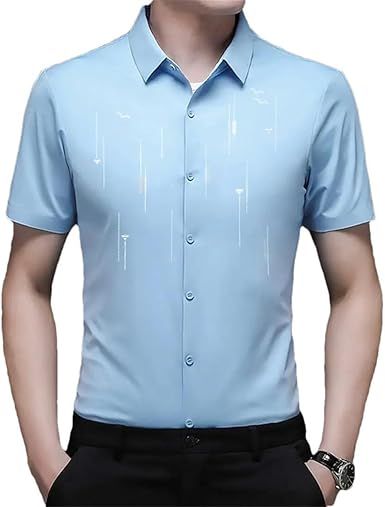 Men Summer T-Shirt Short Sleeve Solid Turn-Down Collar Striped Business Button Tops
