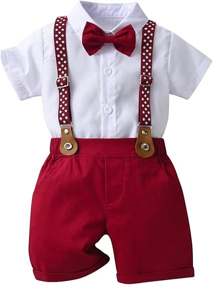 Boarnseorl Baby Boys Gentleman Outfits Shorts Sets,Infant Shirt + Shorts + Bow Tie + Suspenders