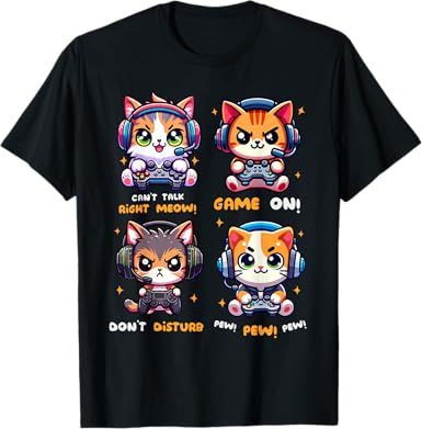 Gamer Cat Funny Gaming Video Games Pew Boys Girls Kids Teens T-Shirt
