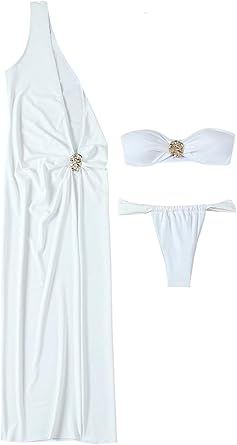 SOLY HUX Women's 3 Piece Swimsuit Bandeau Bikini Set Bathing Suit with Cover Up Dress