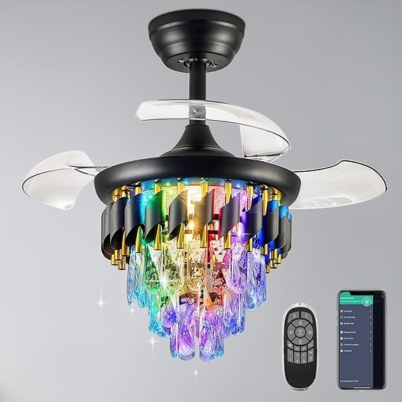 30" RGB Retractable Crystal Ceiling Fan with Lights Remote APP Control,6-Speed Reversible Blades, Invisible Fandelier for Bedroom Black