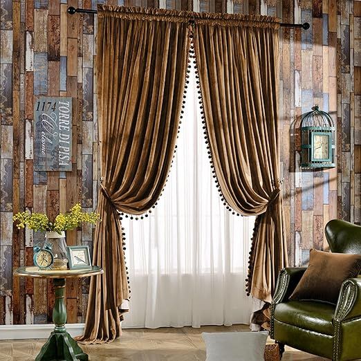 Melodieux Pom Poms Velvet Blackout Curtains for Living Room Bedroom, Vintage Luxury Energy Saving Rod Pocket Thermal Insulated Lined Drapes, 52" W x 96" L, Golden Brown (2 Panels)