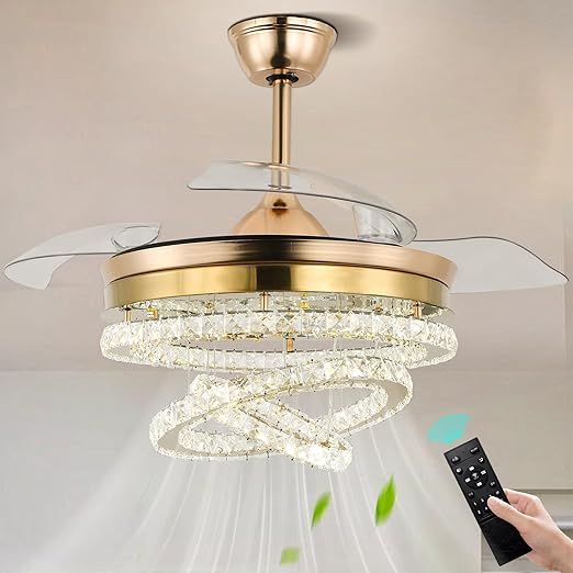 FRIXCHUR 42″ Dimmable Fandelier Crystal Chandelier Retractable Ceiling Fan with LED Lights 3‑Color Change Retractable Blades Adjustable Chandelier 6 Wind Speeds Quiet Remote for Living Room Bedroom