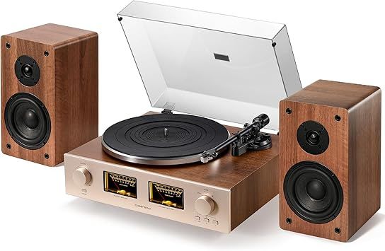 HiFire X Vinyl Record Player, Audiophile HiFi Turntables System with 100W Bookshelf Speakers,VU Meter, DSP Preamp, Support 33/45 RPM, RCA LINE in | Out