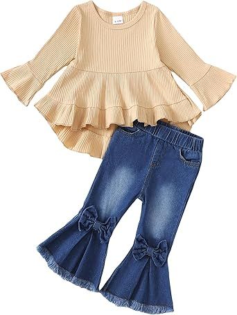 Kucnuzki Toddler Baby Girls Clothes Long Sleeve Shirt Top Flare Denim Jeans Cute Outfit Baby Girl Fall Winter Clothes
