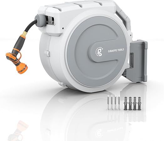 Giraffe Tools Retractable Garden Hose Reel, 5/8 in x 90 ft Heavy Duty Hose Reel With 9 Pattern Nozzle, Any Length Lock, Wall Mount Water Hose Reel, 180°Swivel, Light Grey