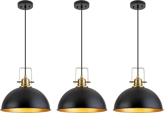 Farmhouse Pendant Light, 13.8" Matte Black Pendant Light Kitchen Island with Adjustable Cord, Vintage Dome Hanging Lights for Dining Room Cafe Bar Hallway Worktops, M, 3 Pack