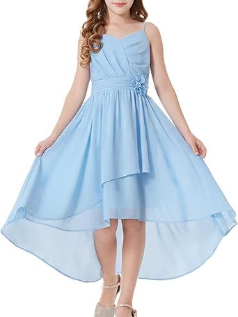 GRACE KARIN Girls Chiffon Summer Dresses Teen Long Party Formal Dress Flower Bridesmaid Straps Shirred High Low Clothes 6-14