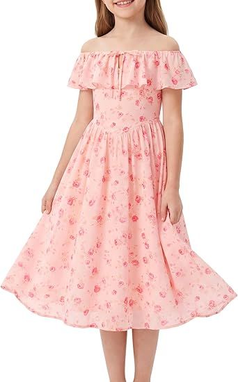 GRACE KARIN Girls Floral Dress Summer Midi Dress Off Shoulder Ruffle Spring Long Dresses