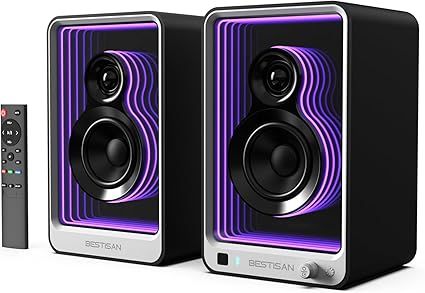 BESTISAN 50W*2 Active Bookshelf Speakers with Dynamic Light Effect, 3" Bass Computer Speakers with ARC/Optical/RCA/BT 5.2/USB/SUB Out Input for Turntable, PC, TV and Phone.
