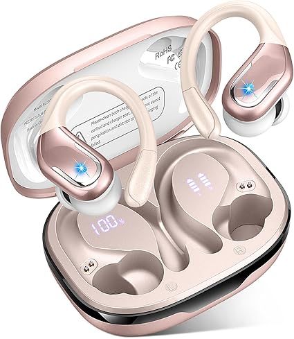 Wireless Earbud, 75H Bluetooth 5.4 Headphones Sport IP7 Waterproof, Running Wireless Earphones with ENC Noise Canceling Mic, 3D Bass Over Ear bud with Earhooks for Android, iOS, Workout, Gym, Rosegold