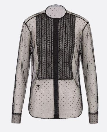เสื้อเบลาส์ผ้าโปร่งตกแต่งแผงที่หน้าอก ผ้าทูลล์ทอลายนูนสีดำ